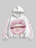NOISSEY Pink Lace & Bow Grillz Lips Graphic Zip-Up Hoodie