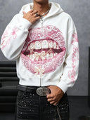 NOISSEY Pink Lace & Bow Grillz Lips Graphic Zip-Up Hoodie