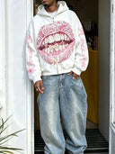 NOISSEY Pink Lace & Bow Grillz Lips Graphic Zip-Up Hoodie