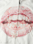 NOISSEY Pink Lace & Bow Grillz Lips Graphic Zip-Up Hoodie